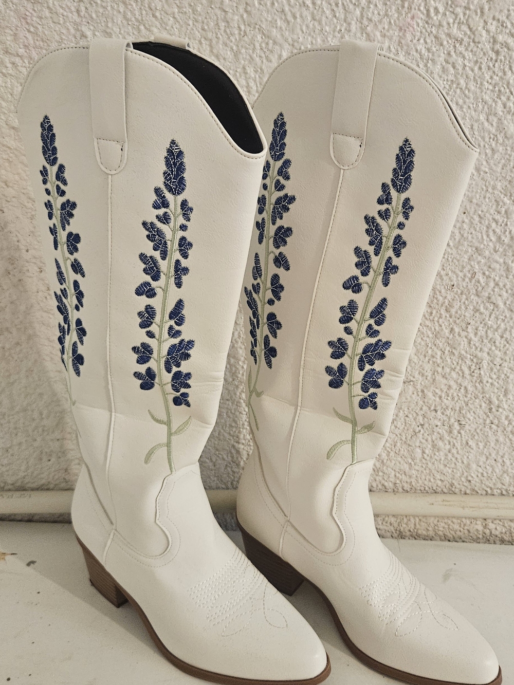 Women's White Embroidered Tall Cowboy Boots